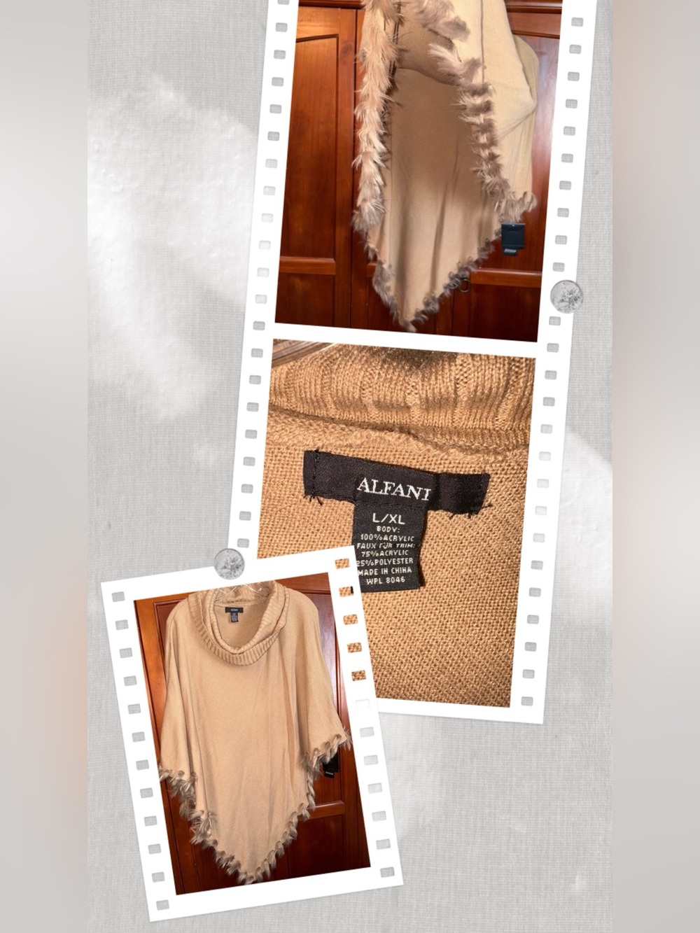 Alfani Beige Cowl Neck Poncho with Fringe #1752